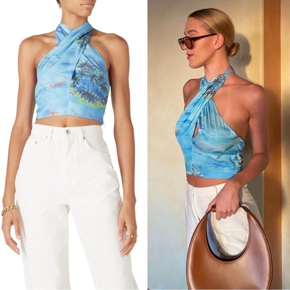STAUD Tropical Island Print 70s Twist Front Open Back Halter Tie Neck Crop Top S